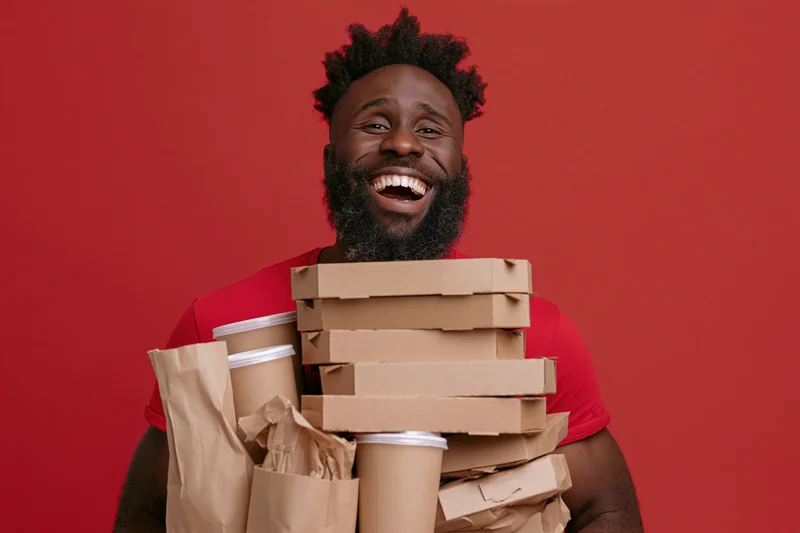 Black man with beard and natural hair laughing while holding stack of pizza boxes and coffee cups against red background