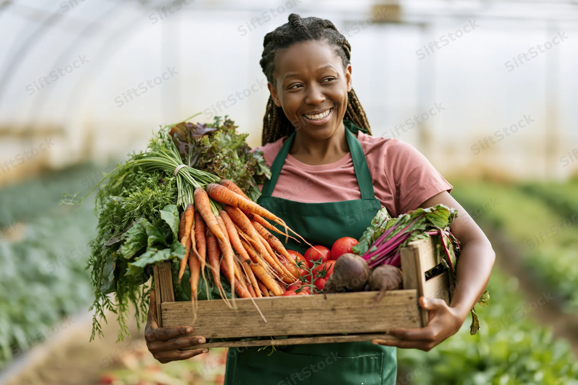 Woman holding wooden crate full of fresh vegetables in greenhouse