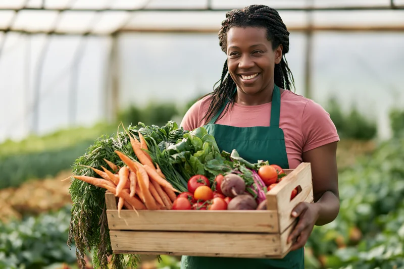 Black woman smiling while holding wooden crate full of fresh vegetables in greenhouse garden