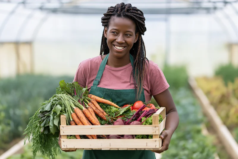 Young black woman smiling while holding a wooden crate full of fresh vegetables in a greenhouse garden