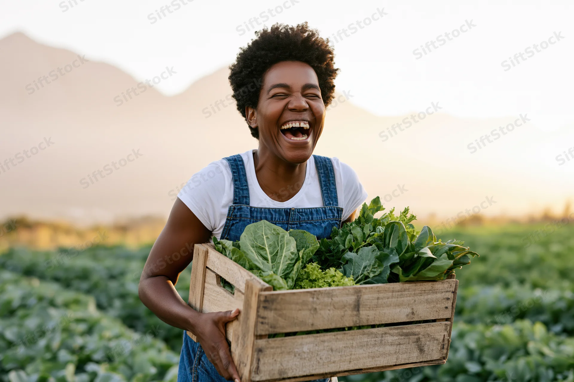 Young black woman laughing while holding a wooden crate of fresh leafy vegetables in a farm field at sunset