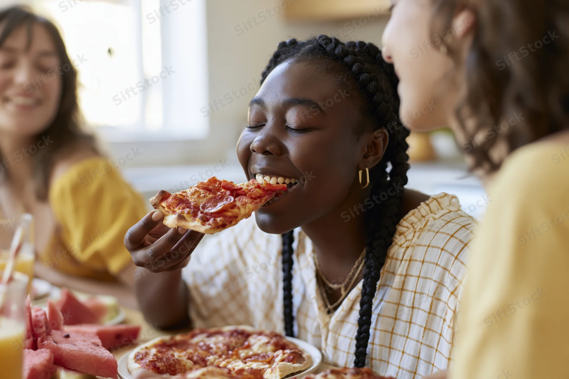 Young black woman eating pizza slice at dining table with friends