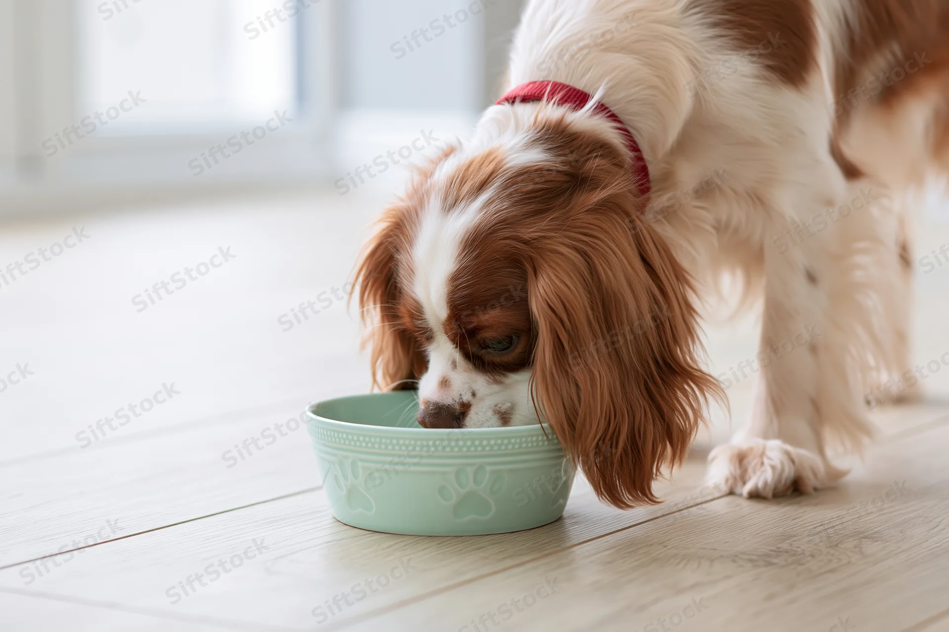 Young cavalier king charles spaniel eating from a pale green bowl on wooden floor