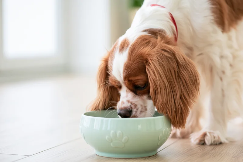 Young cavalier king charles spaniel eating from a pale green ceramic bowl on wooden floor indoors