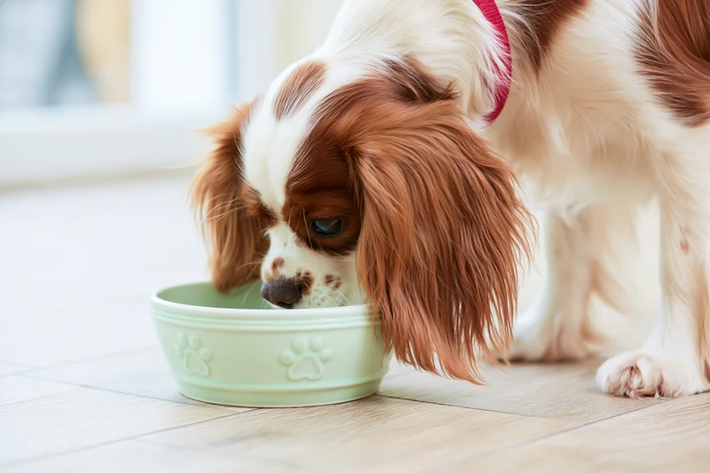 Young cavalier king charles spaniel eating from a pale green bowl on a wooden floor indoors