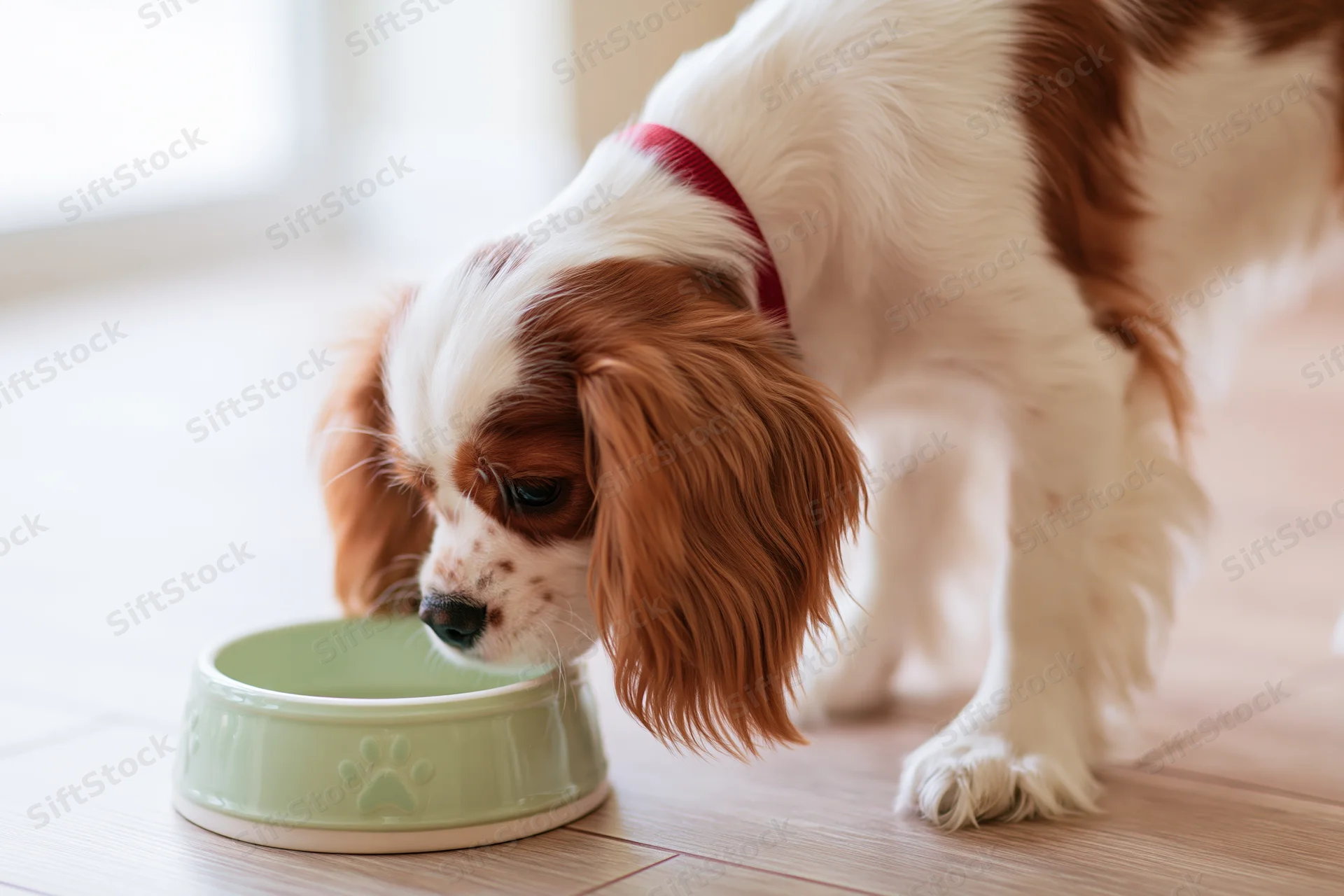 Young cavalier king charles spaniel eating from a pale green bowl on wooden floor indoors