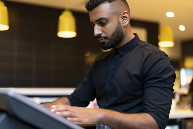Man operating touchscreen cash register at cafe counter