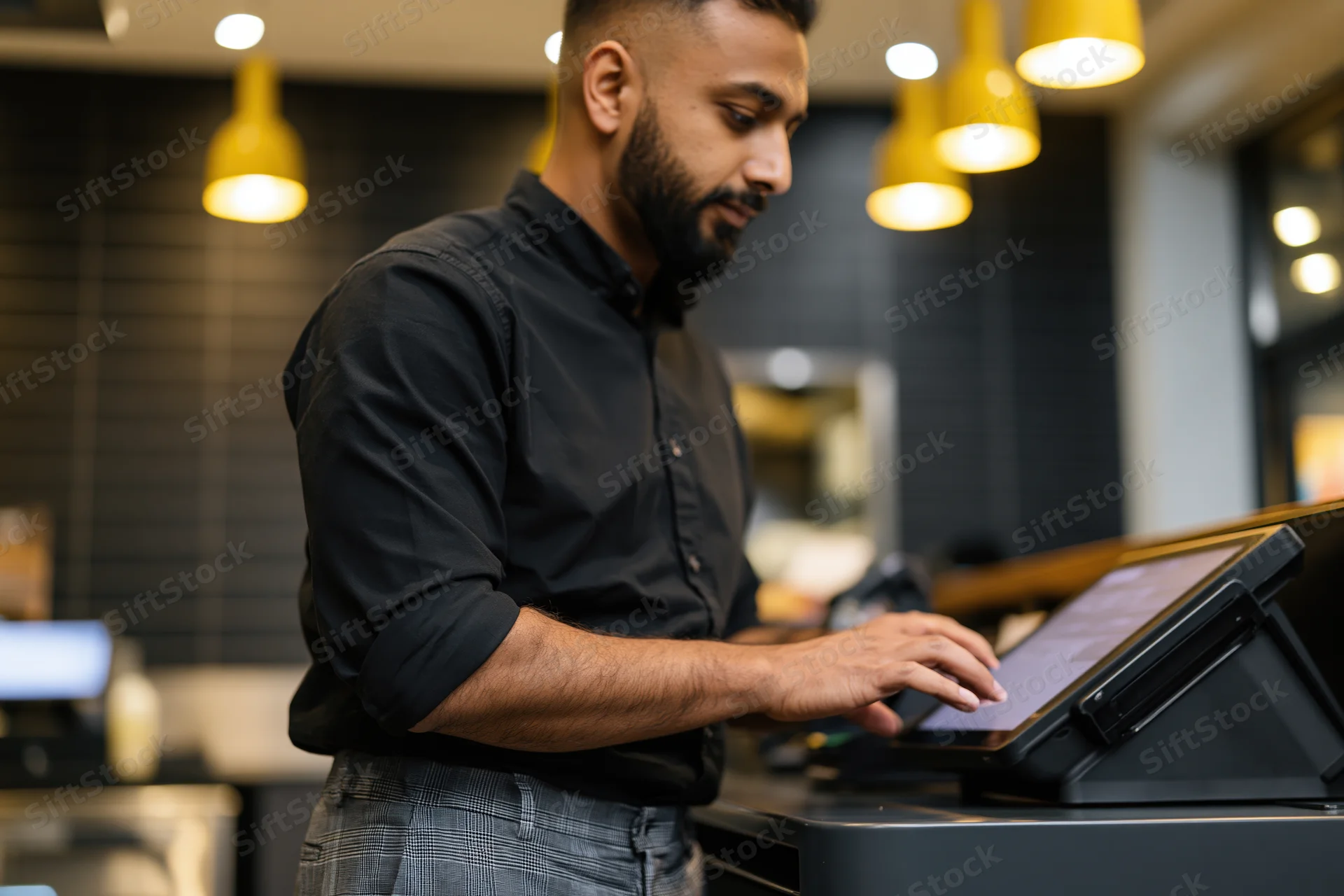 Young southasian man using touchscreen cash register at cafe counter