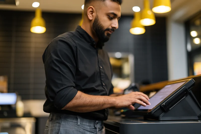 Young southasian man using touchscreen cash register at cafe counter