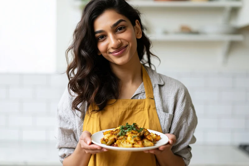 Young south asian woman smiling while holding a plate of food in a kitchen