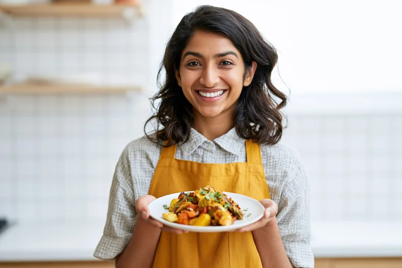 Young south asian woman smiling while holding a plate of cooked vegetables in a kitchen