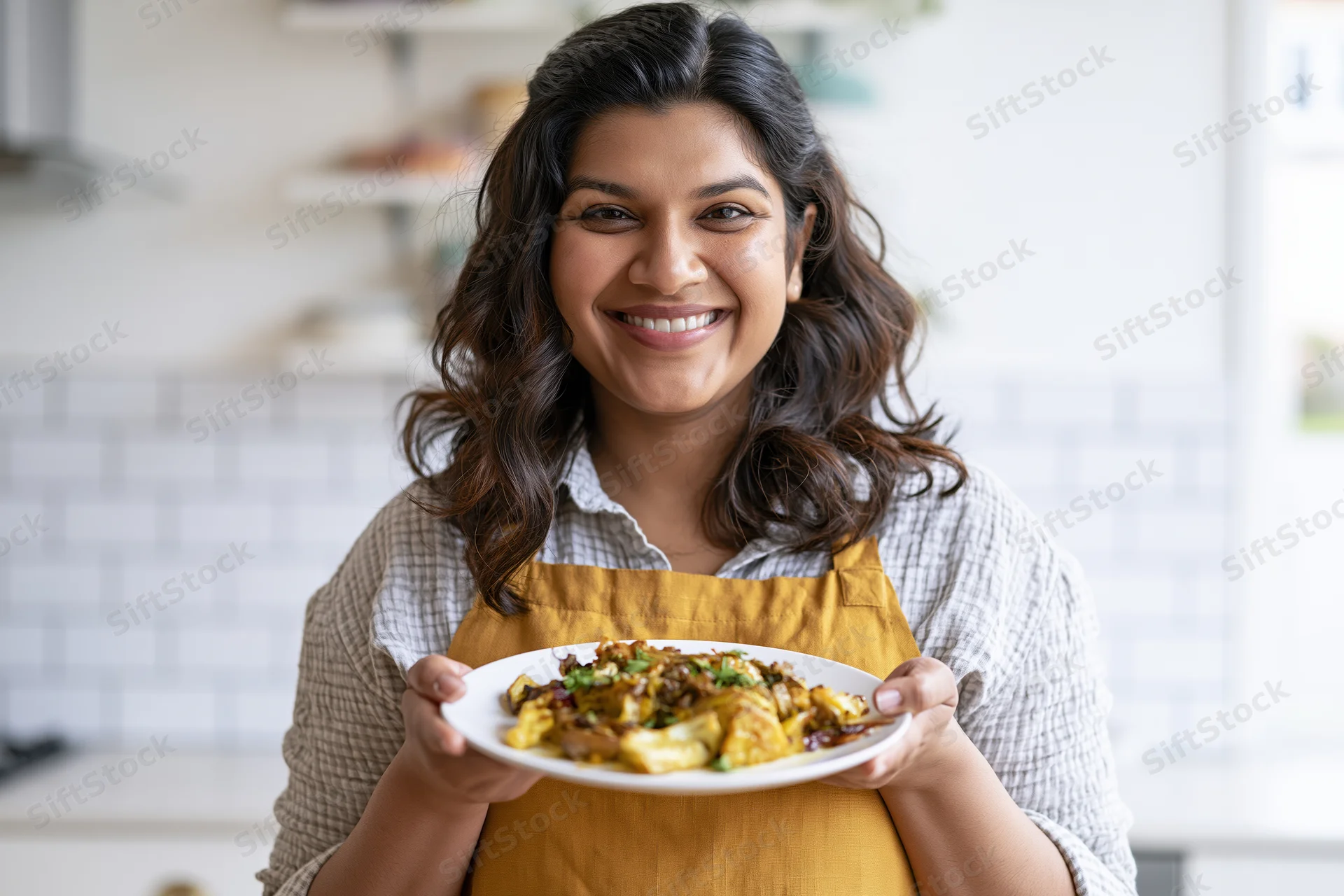 Woman in apron holding plate of food in kitchen