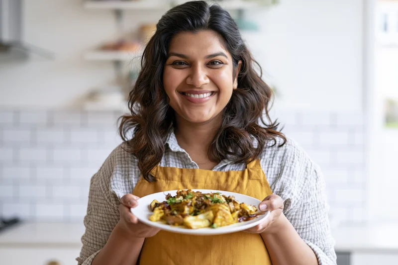 Woman in apron holding plate of food in kitchen
