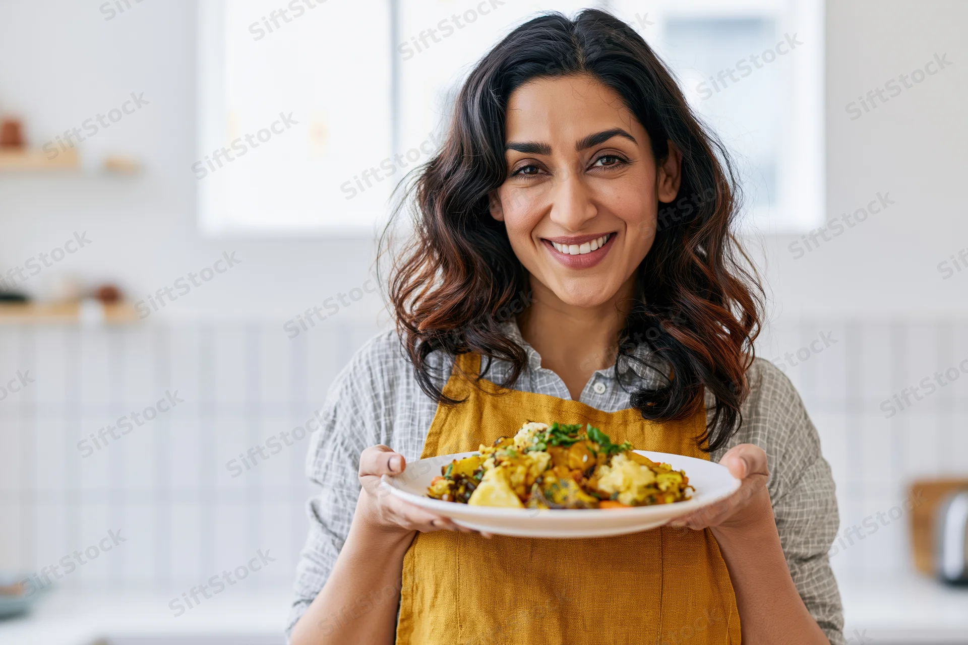 Woman smiling while holding a plate of curry and vegetables in a kitchen