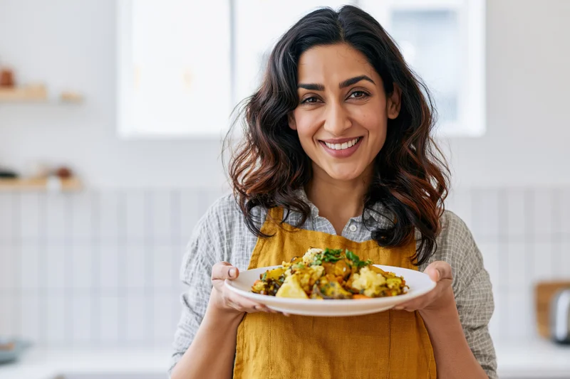Woman smiling while holding a plate of curry and vegetables in a kitchen