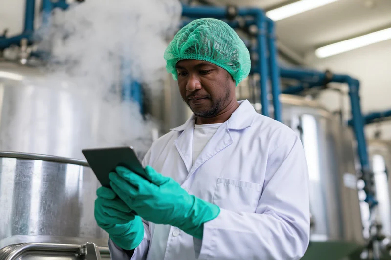 Man in lab coat and gloves using tablet in factory setting