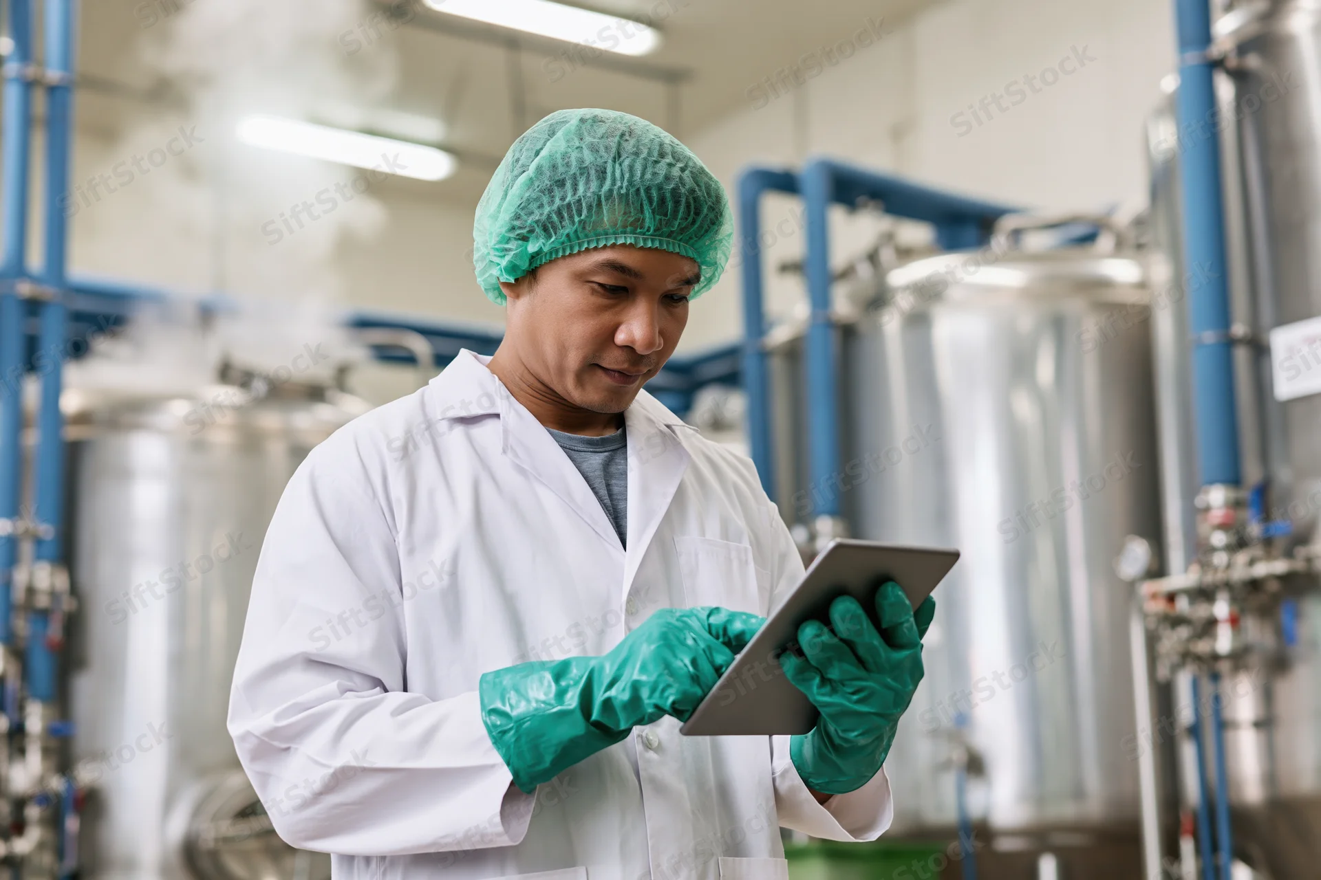 Southeast asian male worker in lab coat using tablet in factory interior
