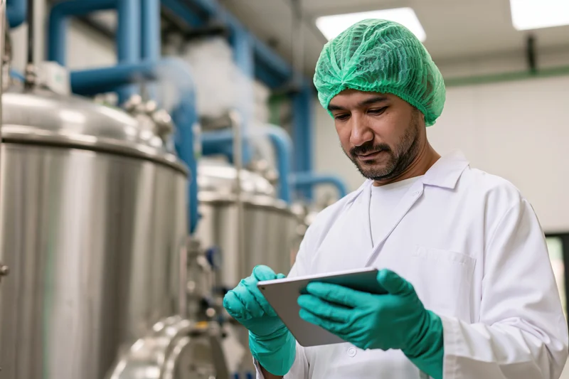 Young southeast asian male worker in lab coat using tablet in factory setting