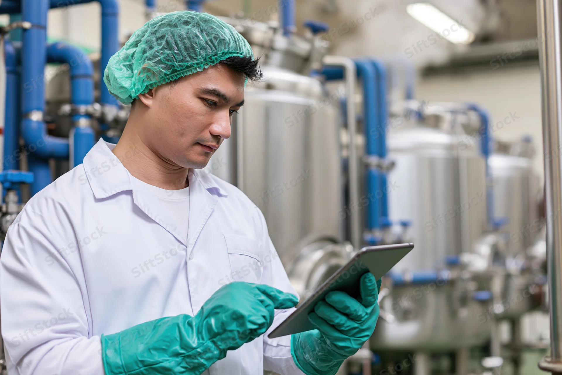 Young southeast asian male worker in lab coat using tablet in factory setting