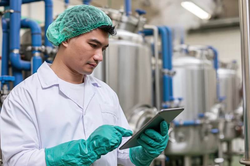 Young southeast asian male worker in lab coat using tablet in factory setting