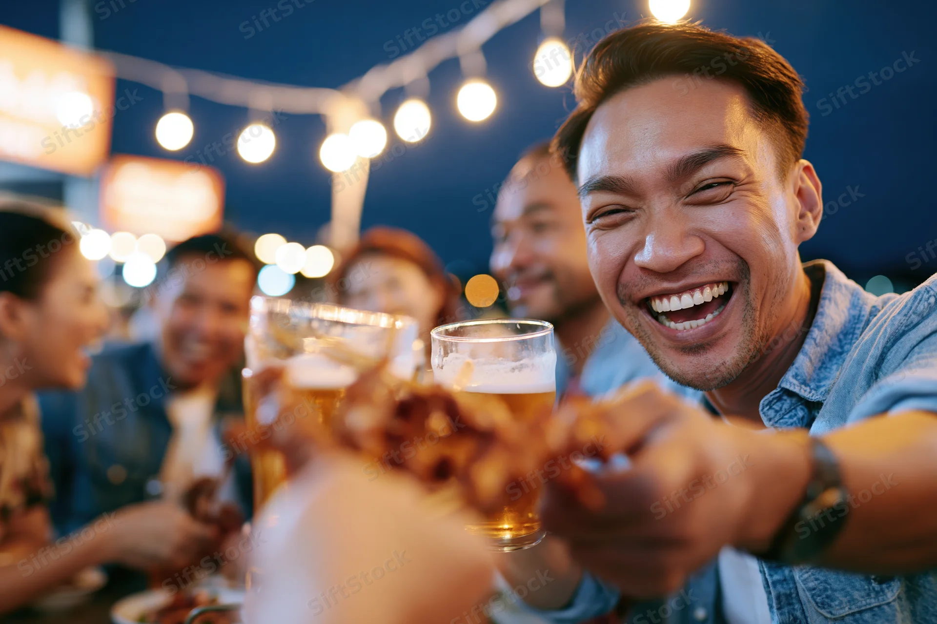 Young man smiling broadly while toasting with beer at outdoor night party with friends
