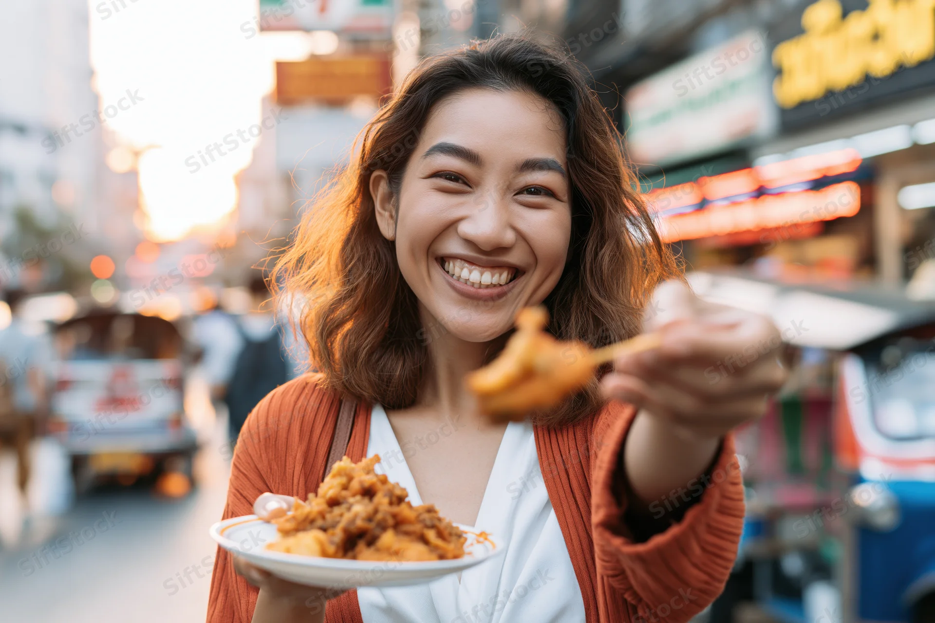 Young southeast asian woman smiling while eating fried chicken from a plate on a busy street at sunset