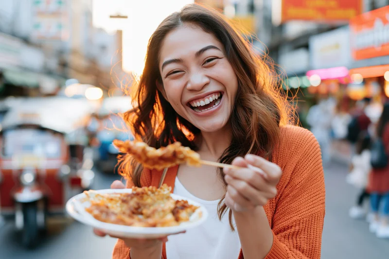 Young southeast asian woman smiling while eating street food from a plate and skewer in a busy outdoor market