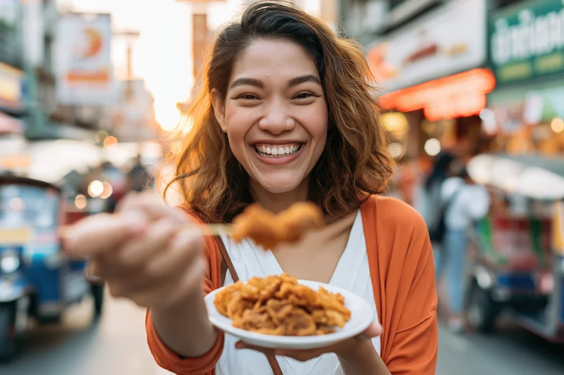 Young southeast asian woman smiling while holding a plate of fried street food in a busy urban market