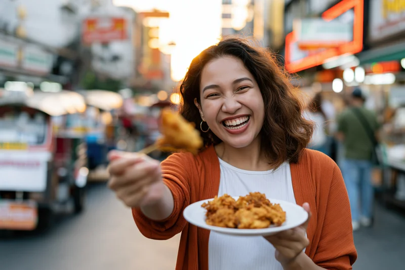 Young southeast asian woman smiling while holding plate of fried chicken in busy street market at night