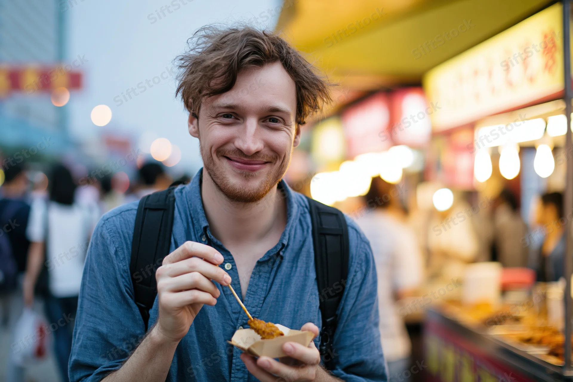Young man smiling while eating street food at a night market