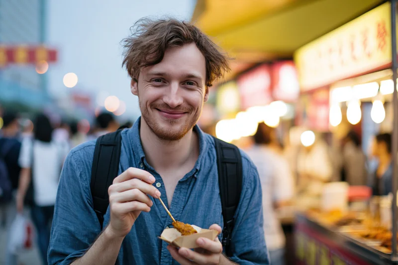 Young man smiling while eating street food at a night market