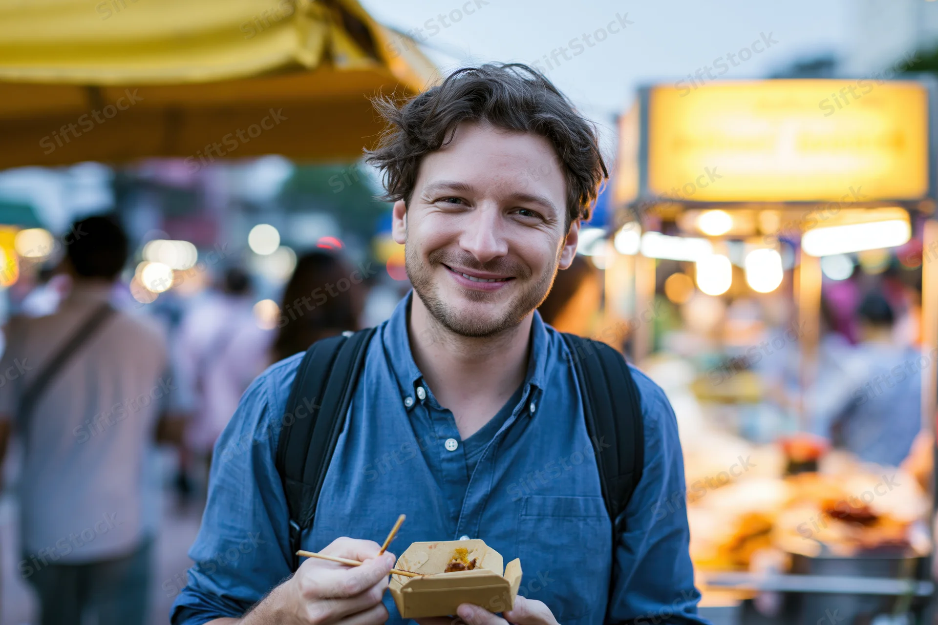 Smiling man eating food from a container with chopsticks at a street market