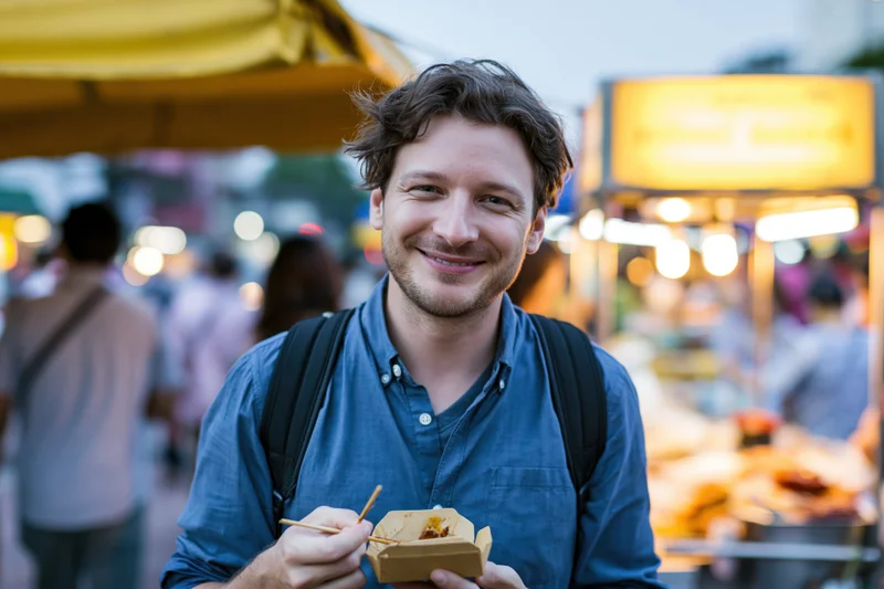 Smiling man eating food from a container with chopsticks at a street market