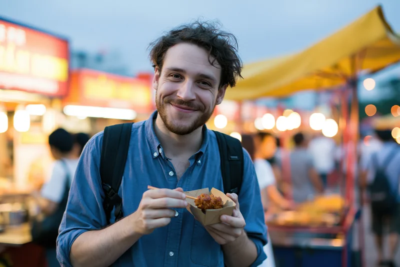 Man smiling while eating street food at a night market