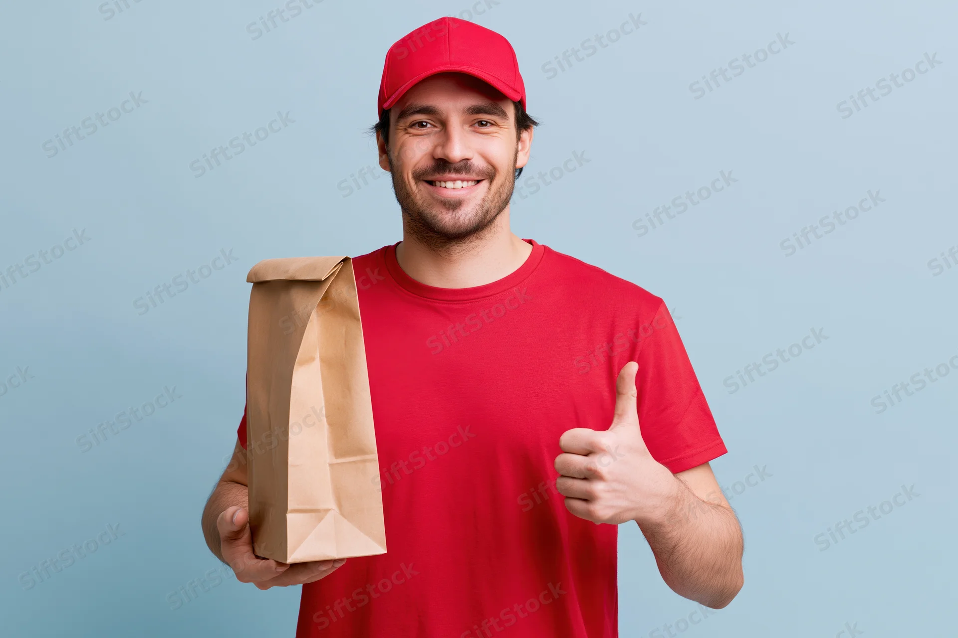 Delivery worker holding paper food bag and giving thumbs up against light blue background