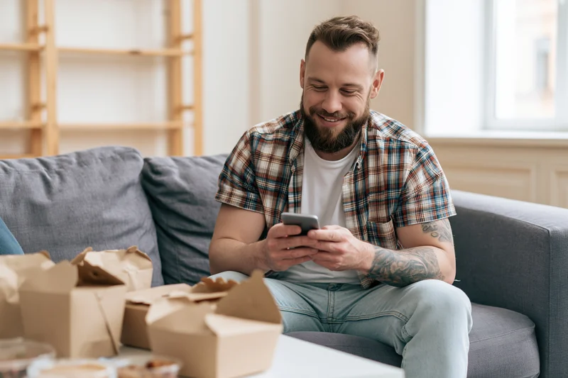 Man smiling while using smartphone on grey sofa with takeout boxes nearby