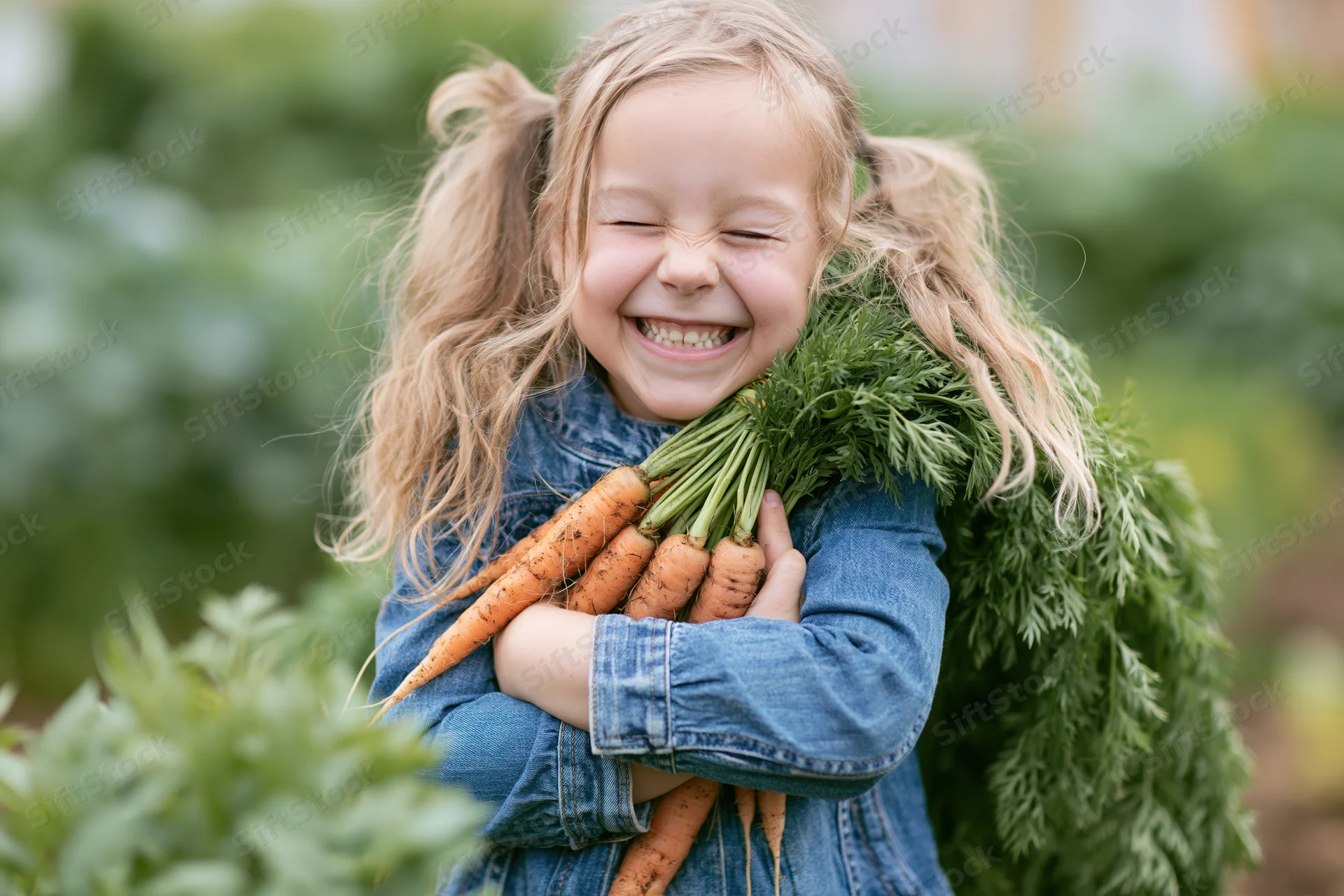 Young blonde girl laughing with eyes squeezed shut while hugging a bunch of fresh carrots in a garden