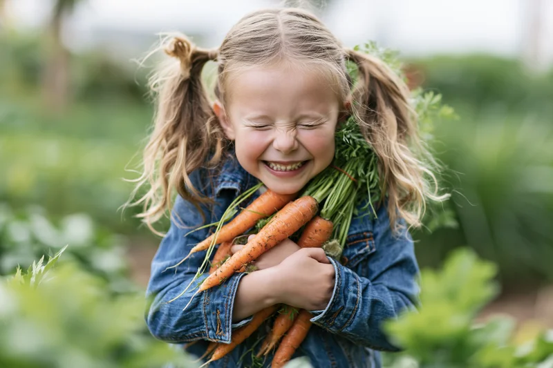 Young blonde girl laughing with eyes squeezed shut while hugging a bundle of fresh carrots in a garden