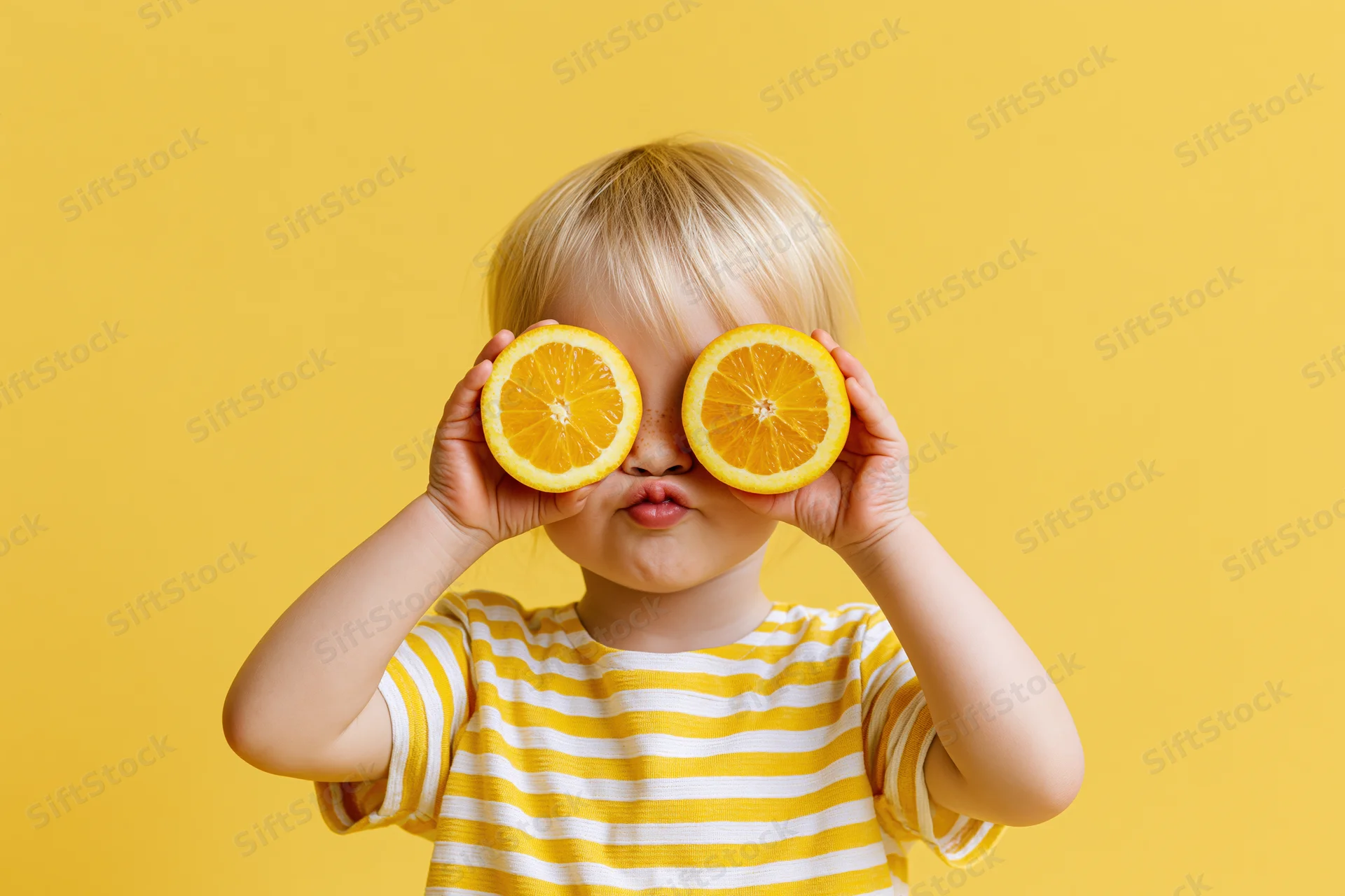 Toddler holding orange halves over eyes in striped shirt against yellow background