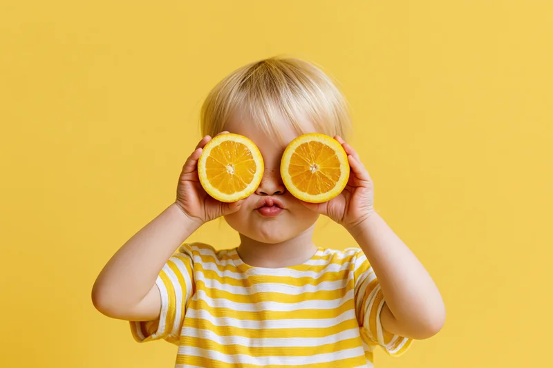 Toddler holding orange halves over eyes in striped shirt against yellow background