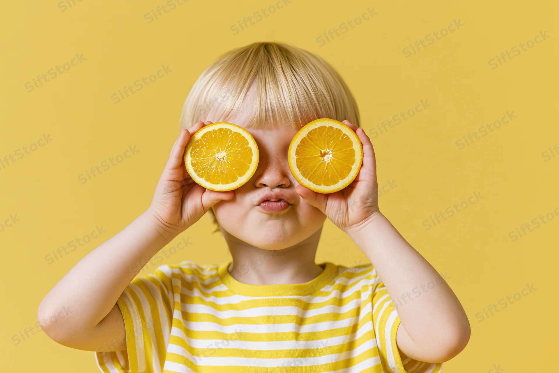 Toddler holding orange halves over eyes in front of yellow background