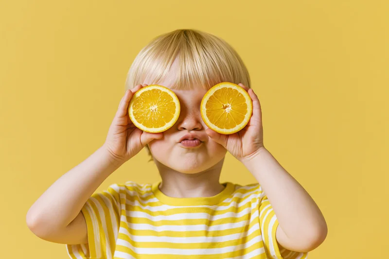 Toddler holding orange halves over eyes in front of yellow background