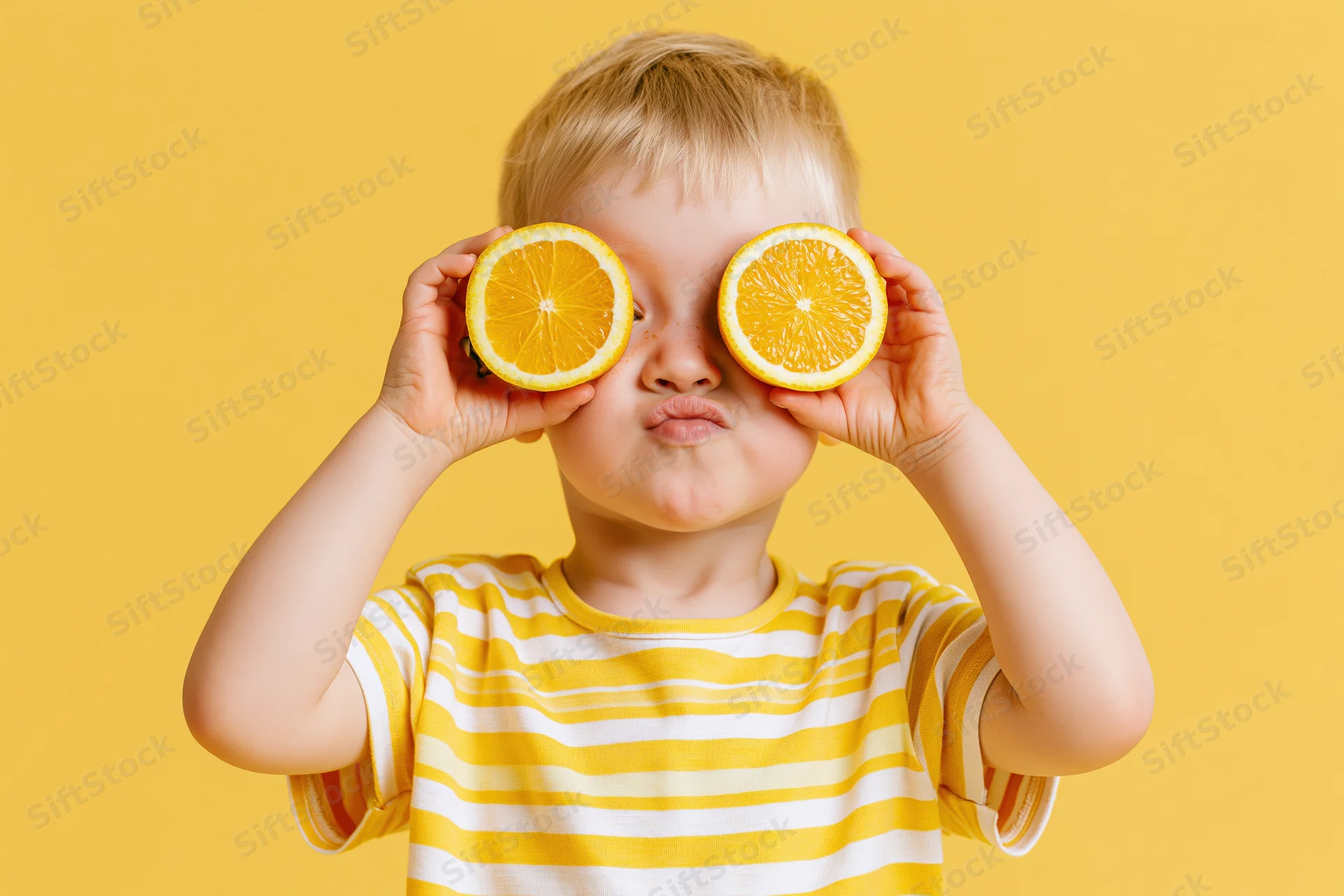 Toddler holding orange slices over eyes in striped shirt against yellow background