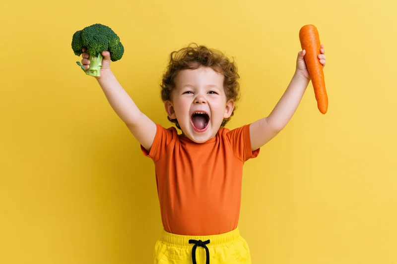 Young boy laughing with arms raised holding broccoli and carrot against yellow background