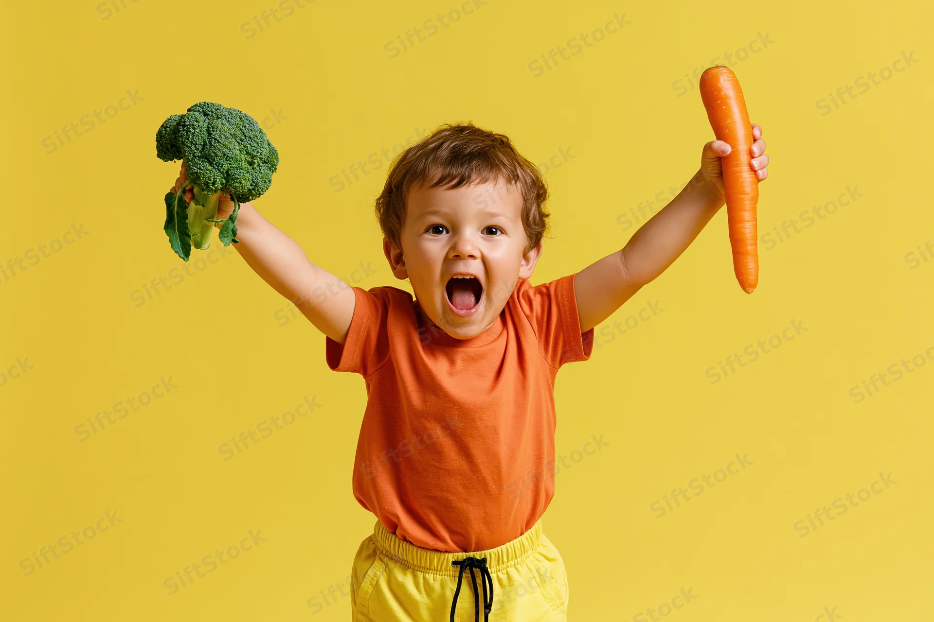 Young boy holding broccoli and carrot with arms raised against yellow background