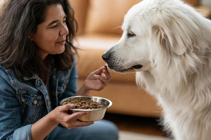 Woman feeding a white fluffy dog from a metal bowl on the living room floor