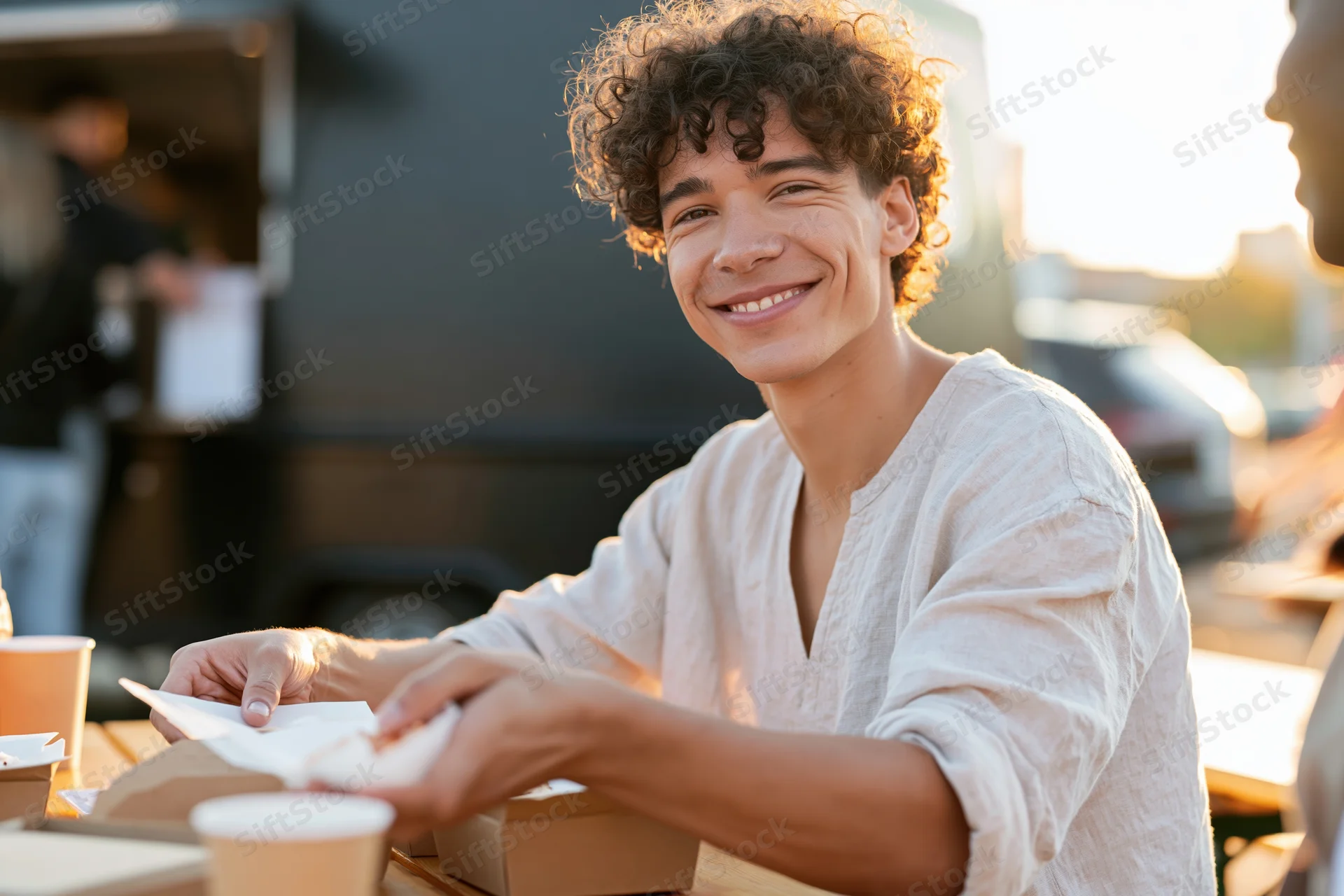 Young man smiling while reaching for food at an outdoor table near a food truck