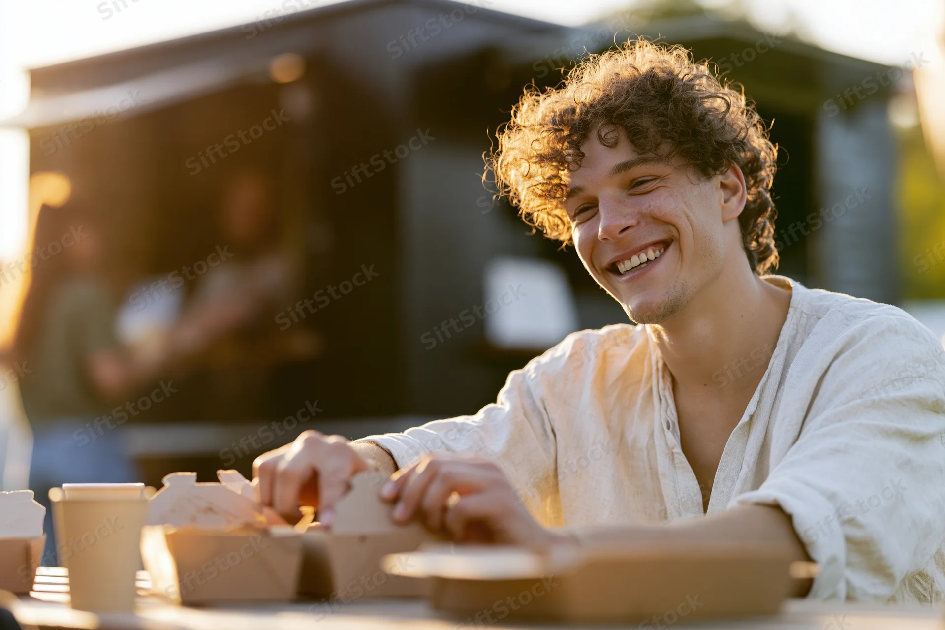 Young man smiling while reaching for takeout food at an outdoor table near a food truck
