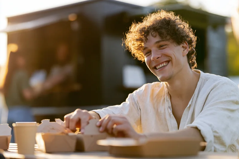 Young man smiling while reaching for takeout food at an outdoor table near a food truck