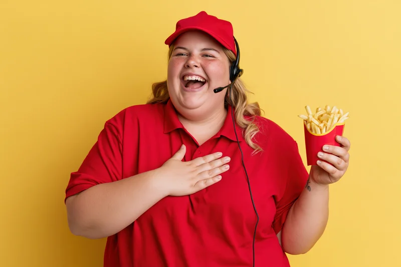 Woman in red fast food uniform laughing with hand on chest while holding french fries against yellow background